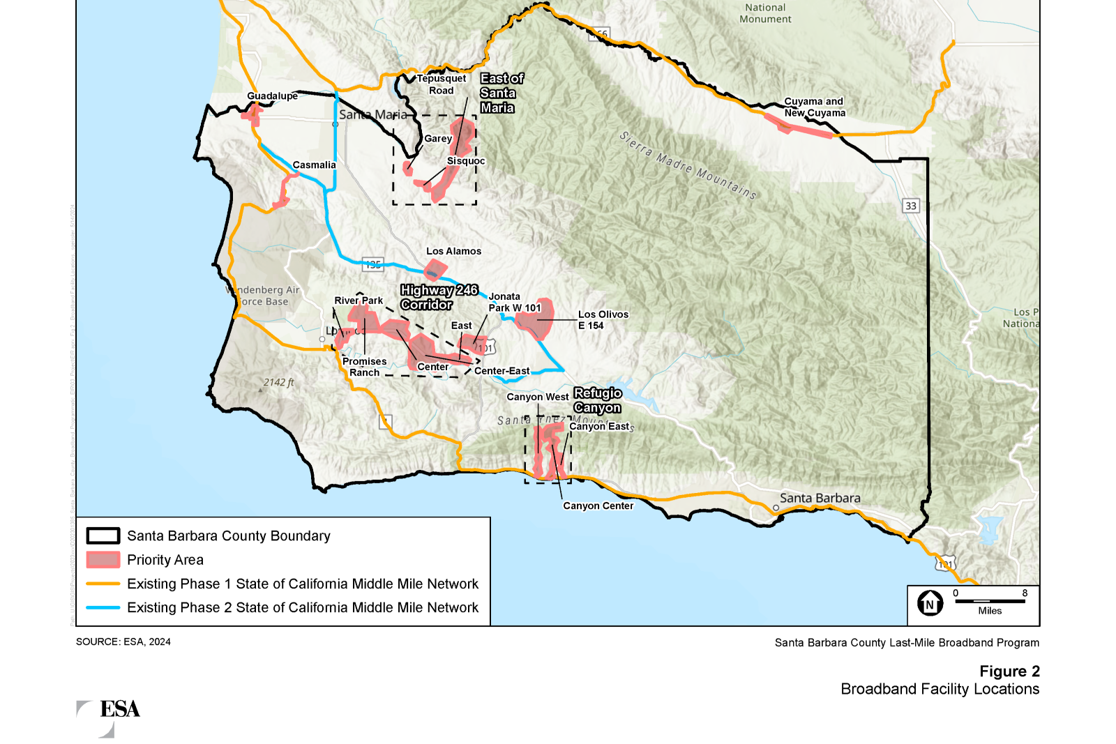 Figure of a map of Santa Barbara County highlighting the priority broadband facility locations included in the Notice of Preparation for the Environmental Impact Report Initial Study