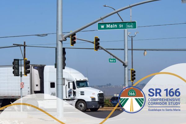 Image of a semi truck on Main Street 166 at the intersection of Black Road. A wave shape graphic design is below and the SR 166 Corridor Study project logo is in the corner featuring a 166 highway sign in the horizon beyond a road surrounded by agriculture fields