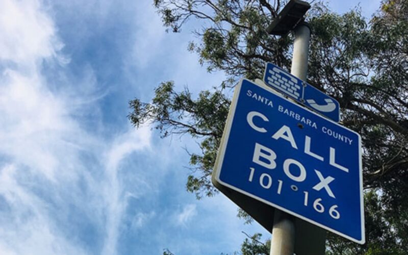 Call Box located on State Route 166 pictured against a blue sky