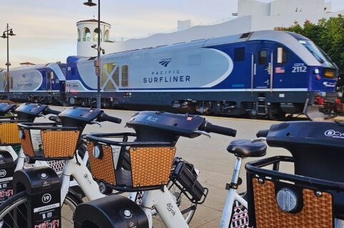 BCycle bikes and inbound Amtrak train